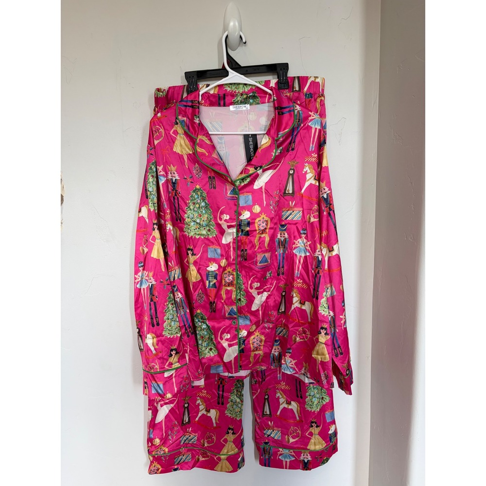 Sheshow Pink Nutcracker Christmas Pajama Set Satin Long Sleeve XXL New